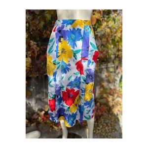 80s Perle Bright Floral Skirt Pleat Front A Line Pockets Sz 12